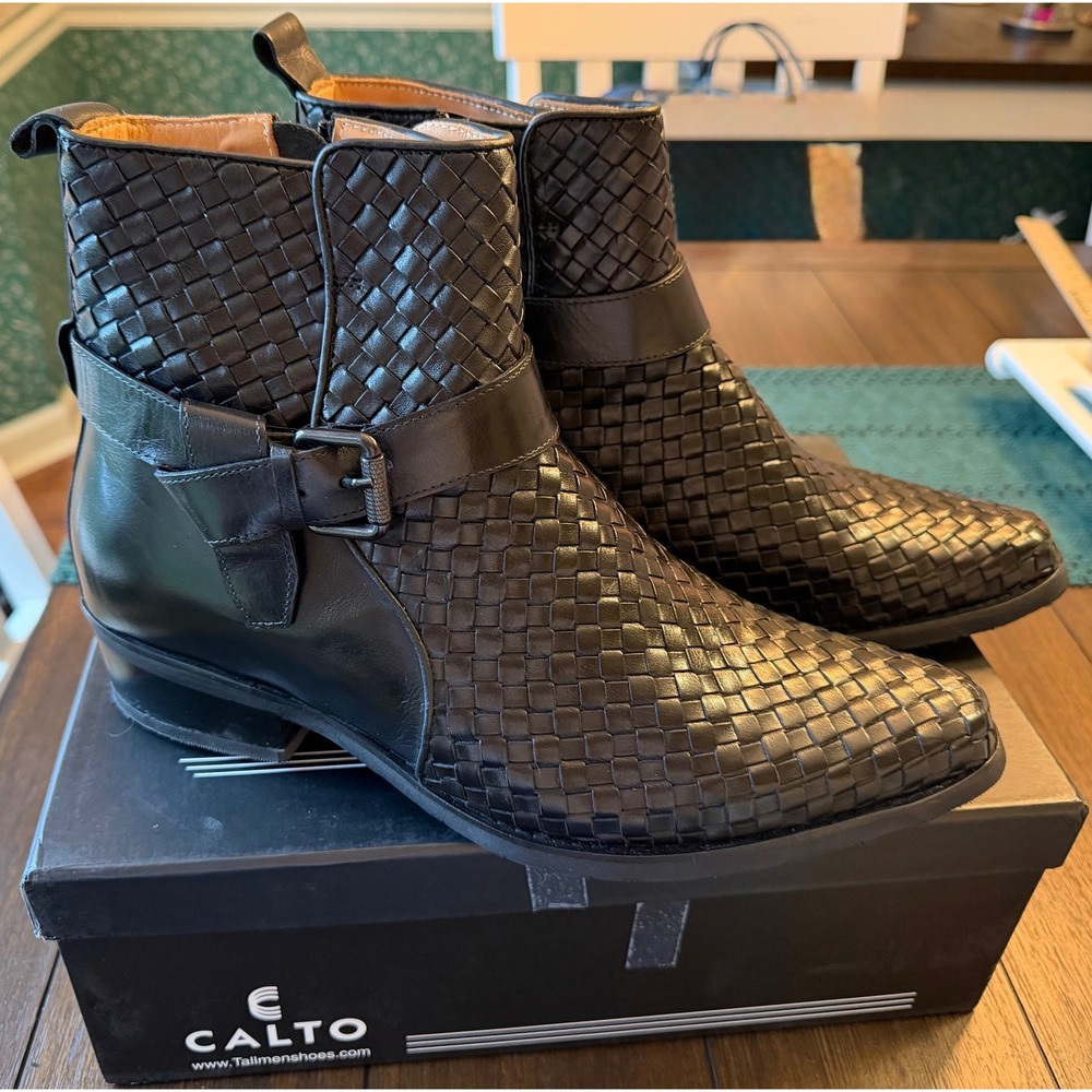CALTO Black Woven Leather Elevator Boots Side Zip Buckle Strap Vibram Heel 10.5